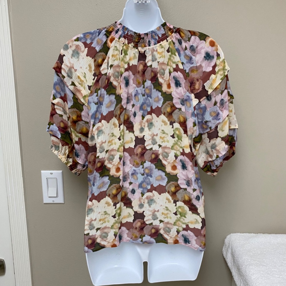 NEW! Rails Paris Top in Painted Floral Multi Color Short Sleeve Size XS - $178 - Picture 8 of 16